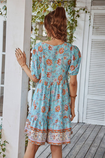 V Col Bohème Style Imprimé Robe d’été bleue